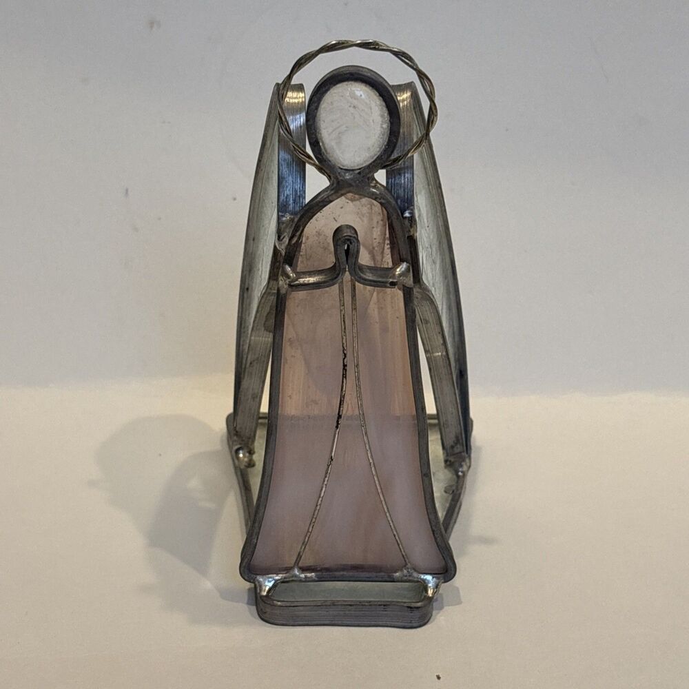 Vintage Stained Glass Praying Angel Figurine - Pink & Frosted Glass - 5" Tall